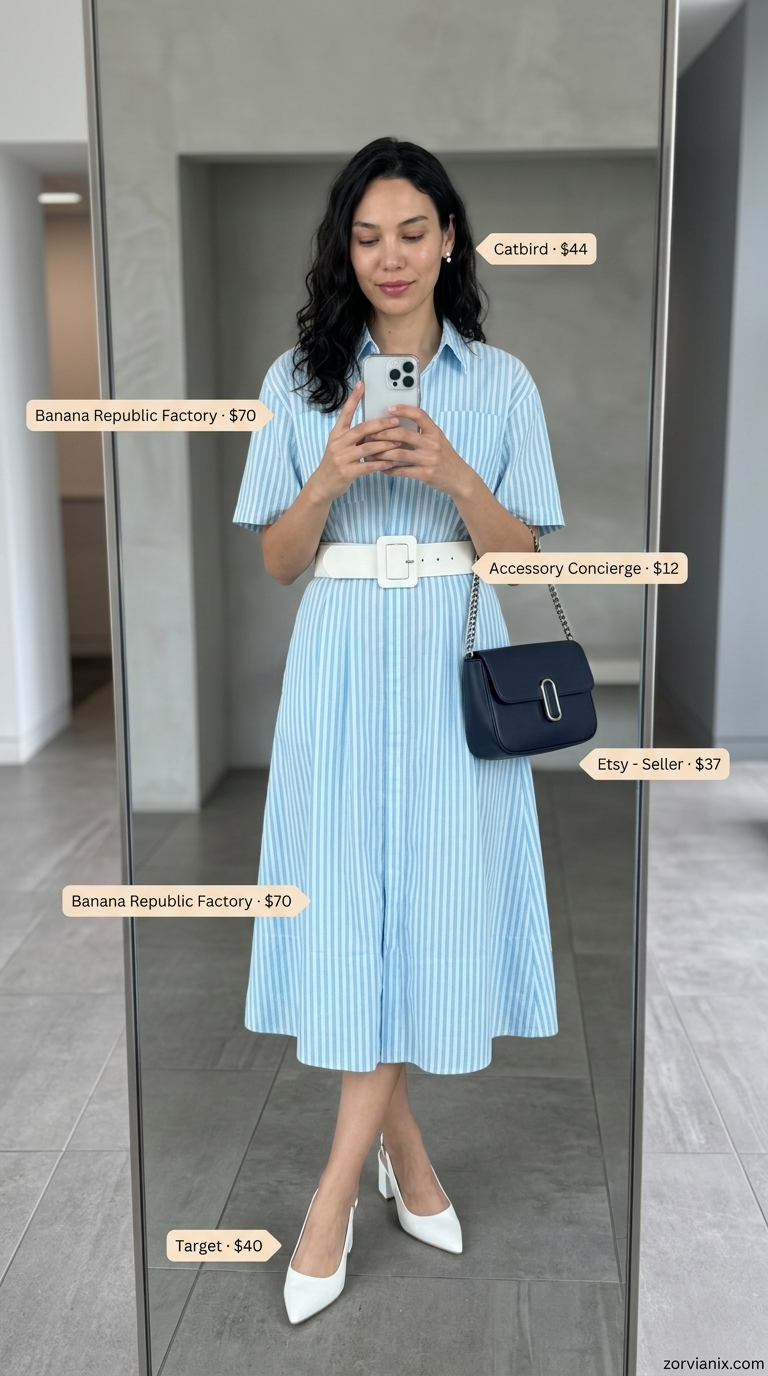 Crisp Shirtdress: Summer Work Outfits 2026 Light blue shirtdress & block pumps: classic summer work outfits for the office for women 2026. Effortless style.