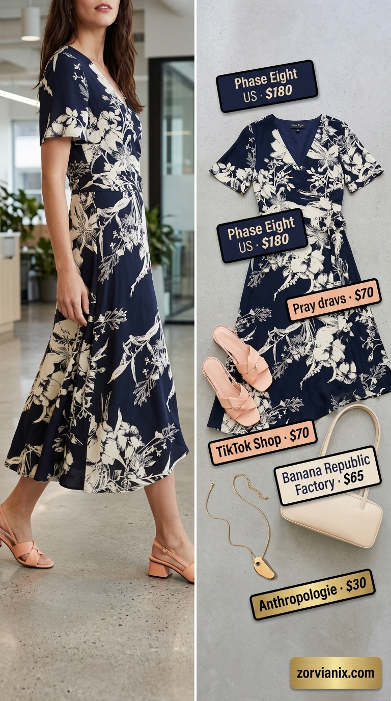 Stylish Summer Work Outfits 2026 Summer work outfits for the office for women 2026: Navy floral wrap dress, gold necklace, cream bag, peach sandals.