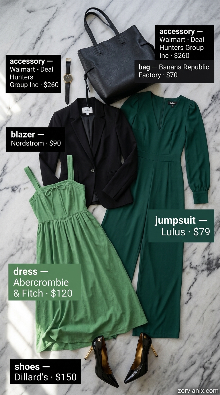 Bold Summer Work Outfits 2026 Summer work outfits for the office for women 2026: Emerald green jumpsuit, black blazer, black pumps, gold watch.