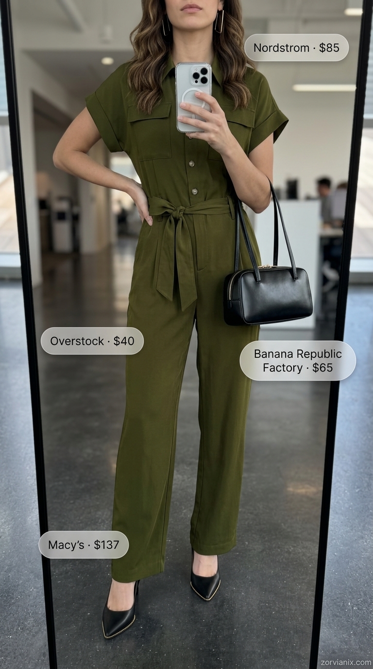 Modern Summer Work Outfits 2026 Summer work outfits for the office for women 2026: Olive green utility jumpsuit, gold earrings, black bag, black pumps.