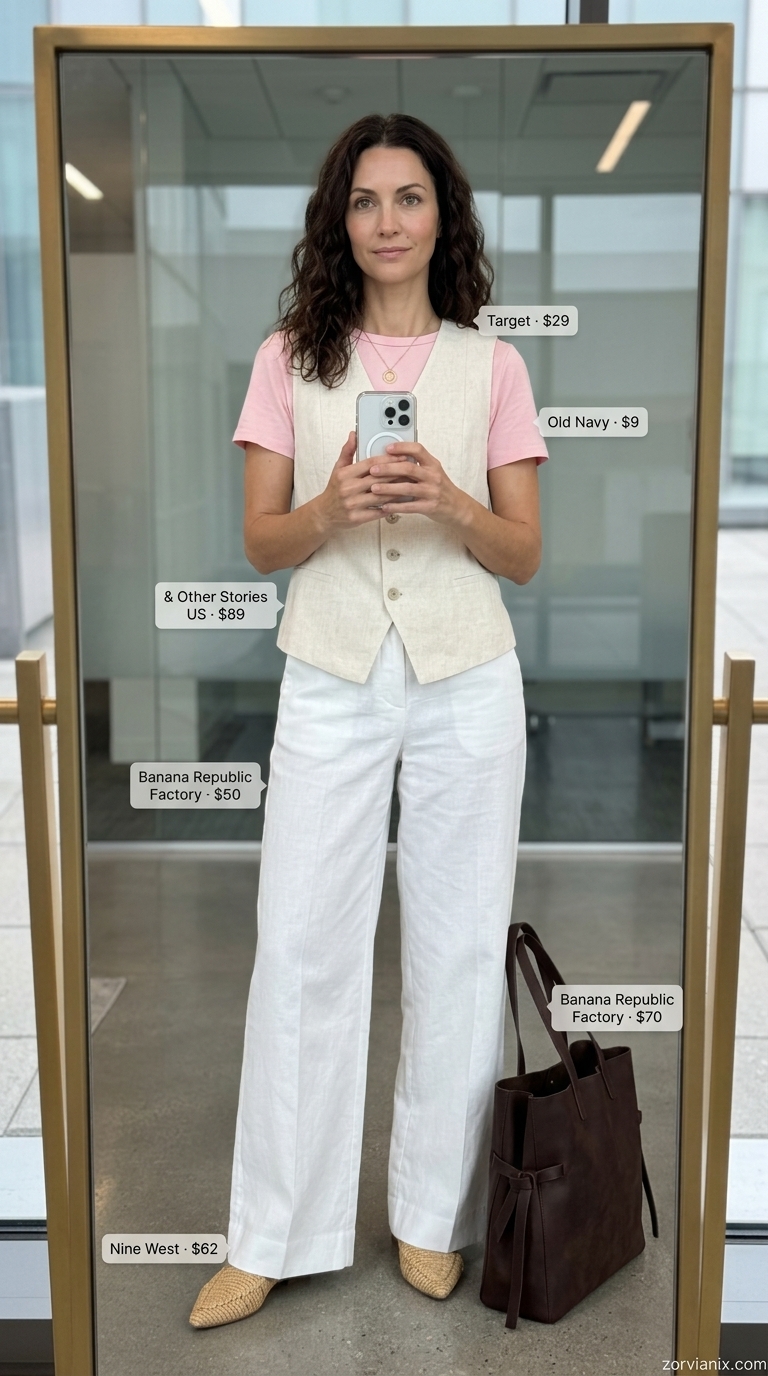 Elevated Linen Executive: Summer Work Outfits 2026 Ivory linen trousers & beige vest: chic summer work outfits for the office for women 2026. Polished, modern look.