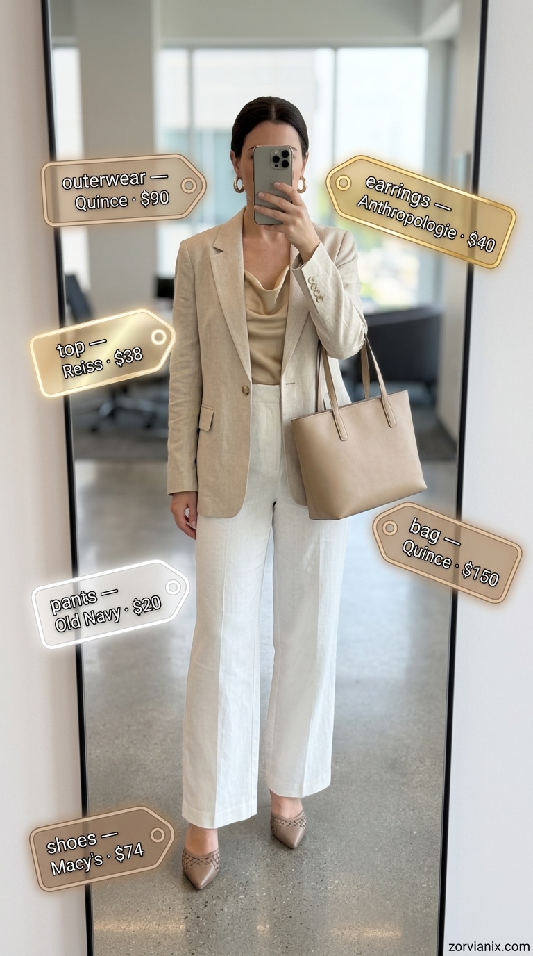 Effortless Summer Work Outfits 2026 Summer work outfits for the office for women 2026: White linen trousers, tan blazer, cream blouse, terracotta mules.