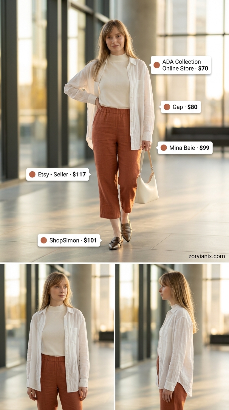 Modern Art Curator: Summer Work Outfits 2026 Terracotta trousers & cream shirt: creative summer work outfits for the office for women 2026. Chic.