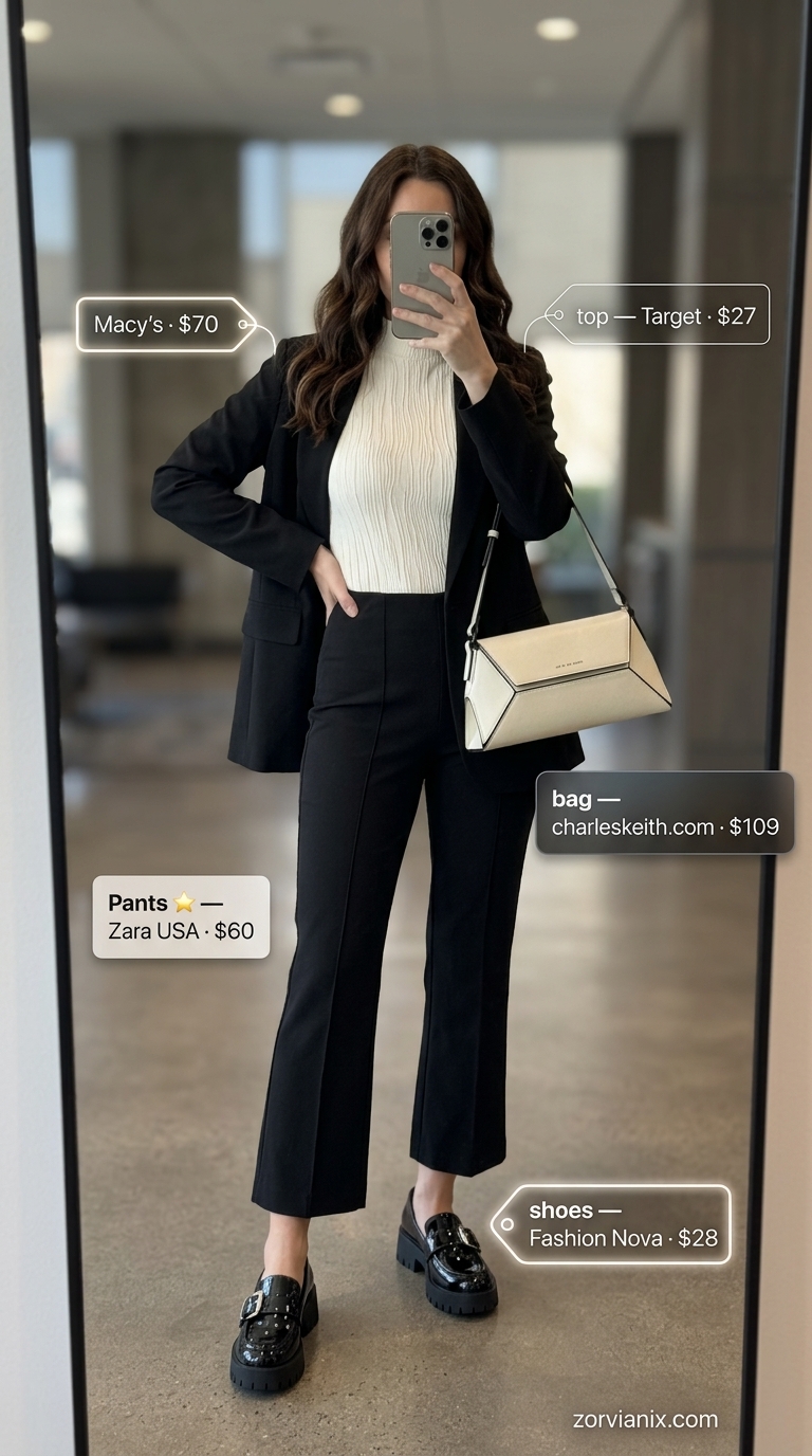 Monochrome Summer Work Outfits 2026 Summer work outfits for the office for women 2026: Black trousers, white mock neck top, black blazer, platform loafers.