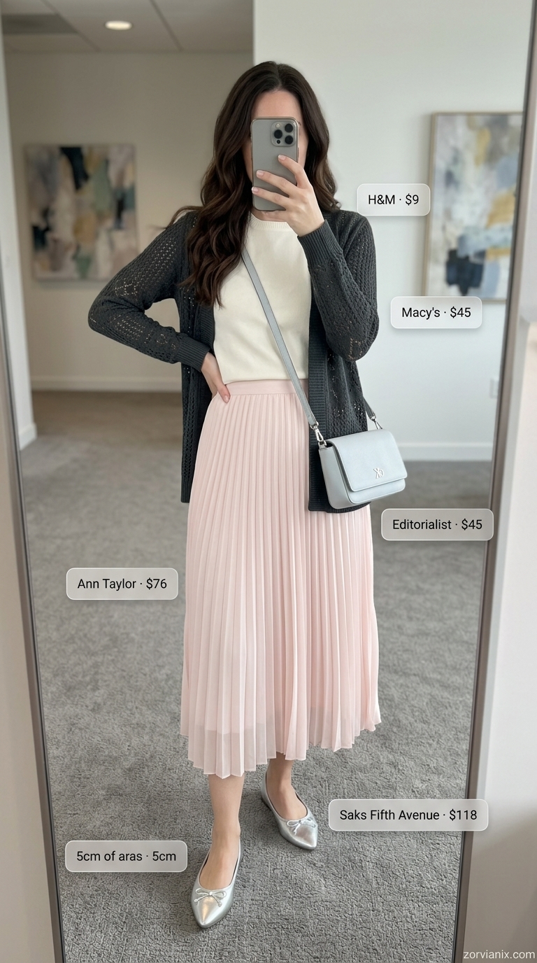 Soft Pink Pleats: Summer Work Outfits 2026 Soft pink pleated skirt & grey cardigan: feminine summer work outfits for the office for women 2026. Elegant.