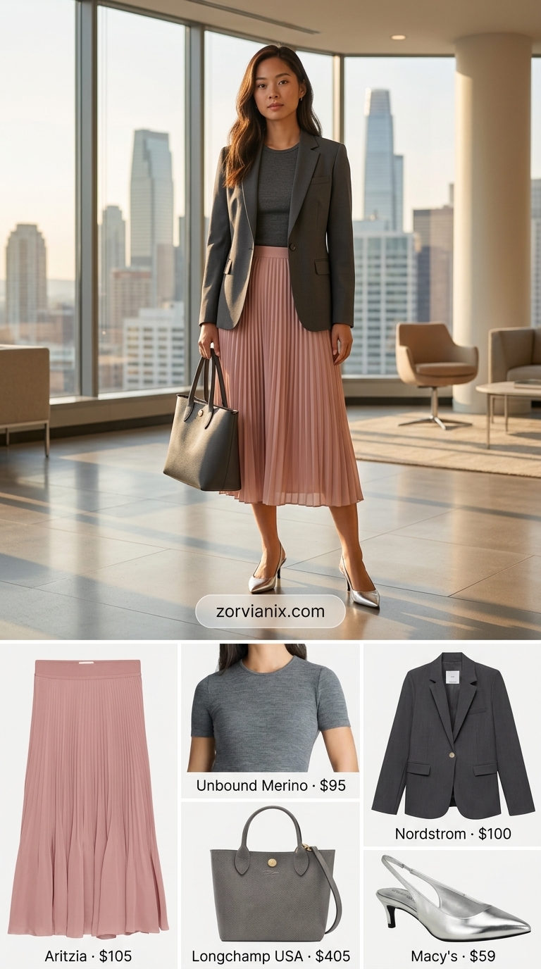 Feminine Summer Work Outfits 2026 Summer work outfits for the office for women 2026: Blush pink midi skirt, charcoal blazer, grey knit top, silver heels.