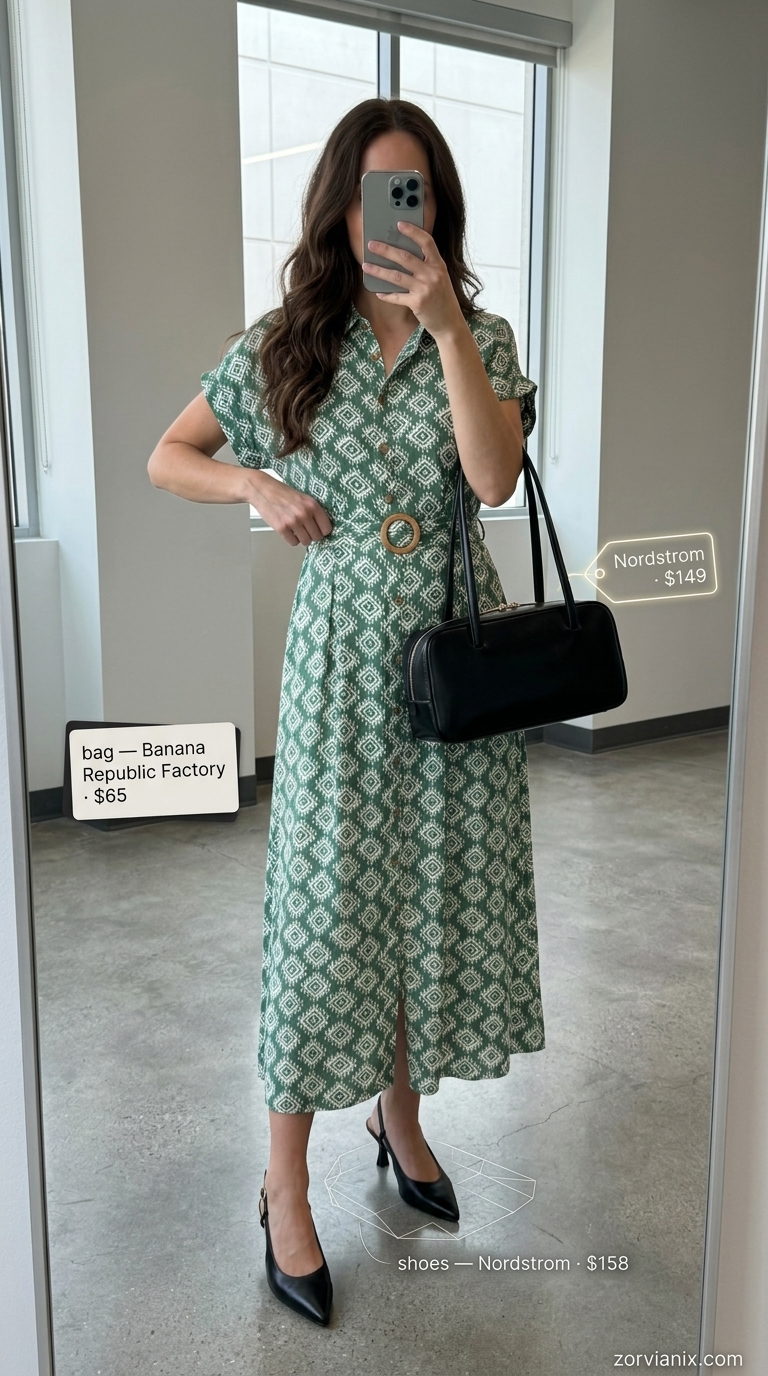 Printed Power: Summer Work Outfits 2026 Emerald green print shirtdress: dynamic summer work outfits for the office for women 2026. Artistic.