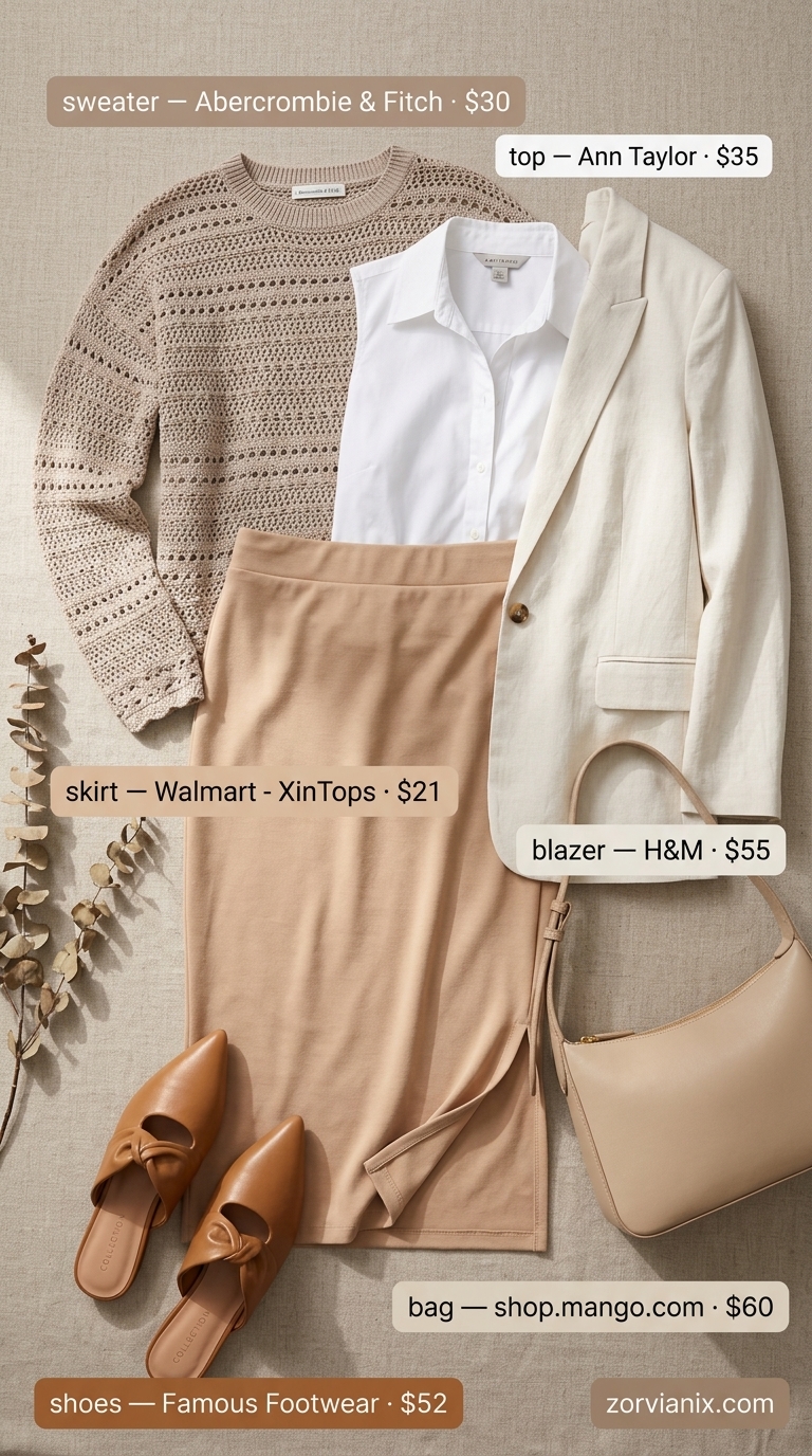 Refined Neutrals: Summer Work Outfits 2026 Beige linen skirt & white blouse: elegant summer work outfits for the office for women 2026. Sophisticated style.