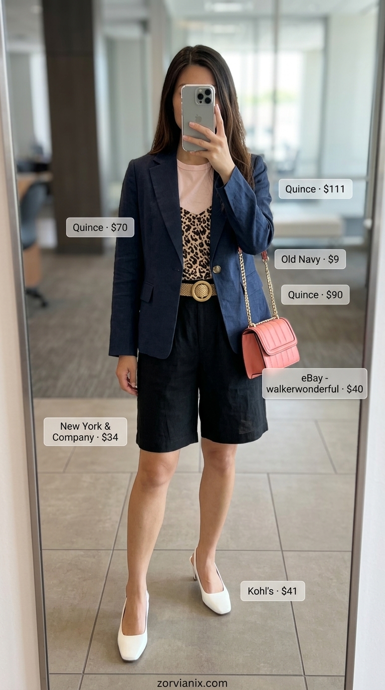 Smart Shorts: Summer Work Outfits 2026 Navy Bermuda shorts & blazer: smart summer work outfits for the office for women 2026. Contemporary.