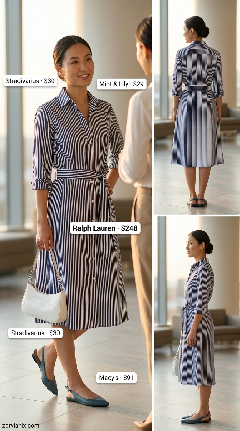 Chic Summer Work Outfits for Women 2026 Summer work outfits for the office for women 2026: Navy stripe midi dress, red cardigan, gold earrings, white bag, navy flats.
