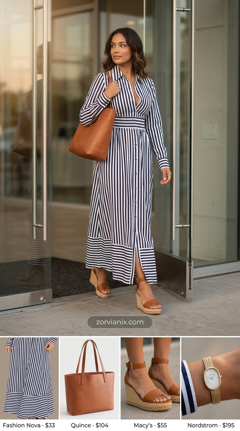 Sophisticated Stripes: Summer Work Outfits 2026 Navy & white stripe shirtdress: relaxed summer work outfits for the office for women 2026. Chic & timeless.
