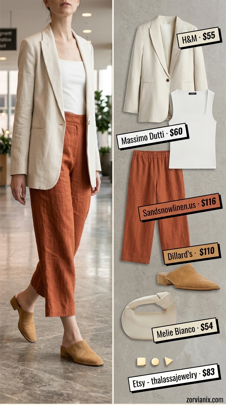 Artistic Summer Work Outfits 2026 Summer work outfits for the office for women 2026: Terracotta culottes, cream blouse, tan blazer, tan mules.