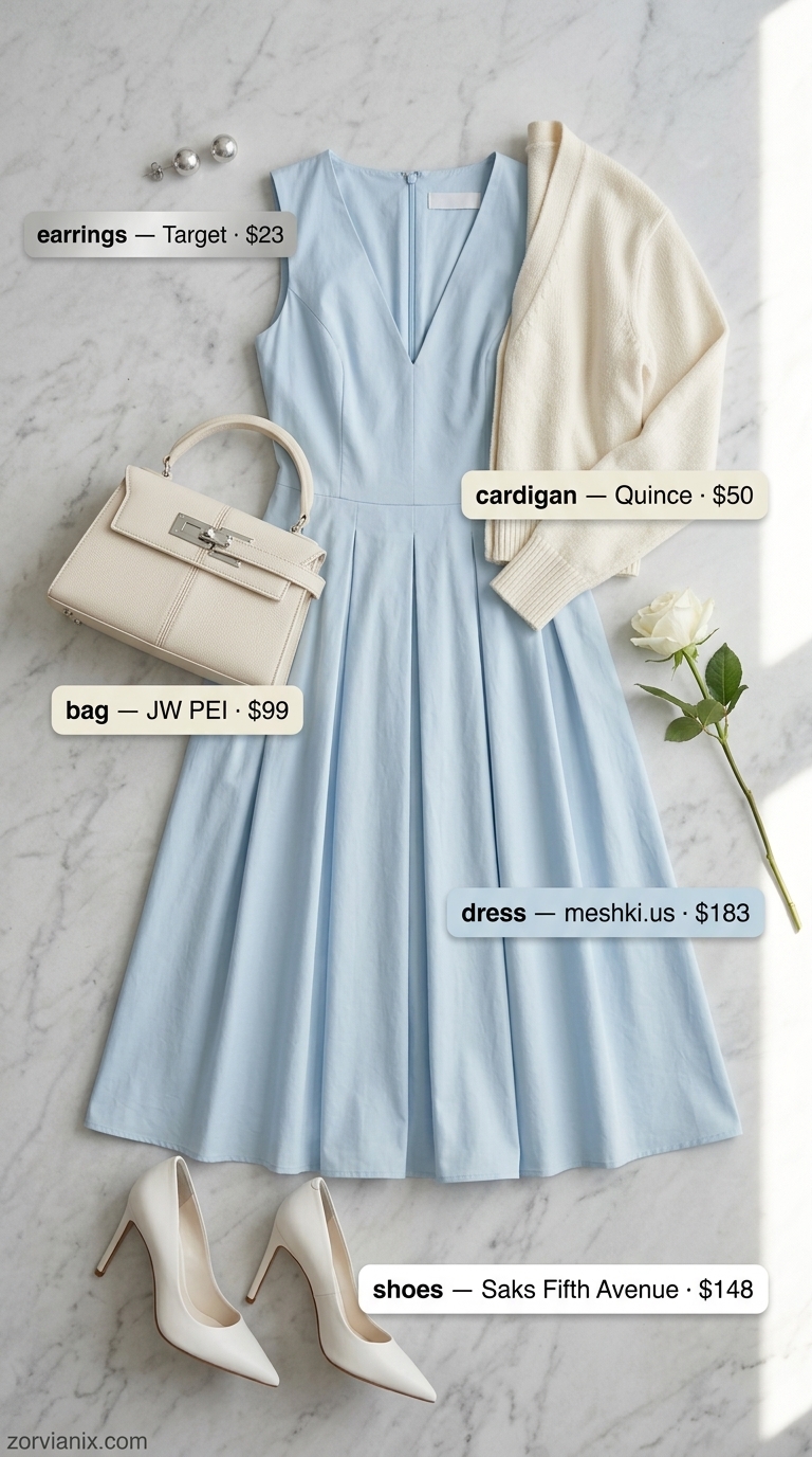 Summer Work Outfits For The Office For Women 2026 Sky blue A-line dress and white cardigan for summer work outfits for the office for women 2026.