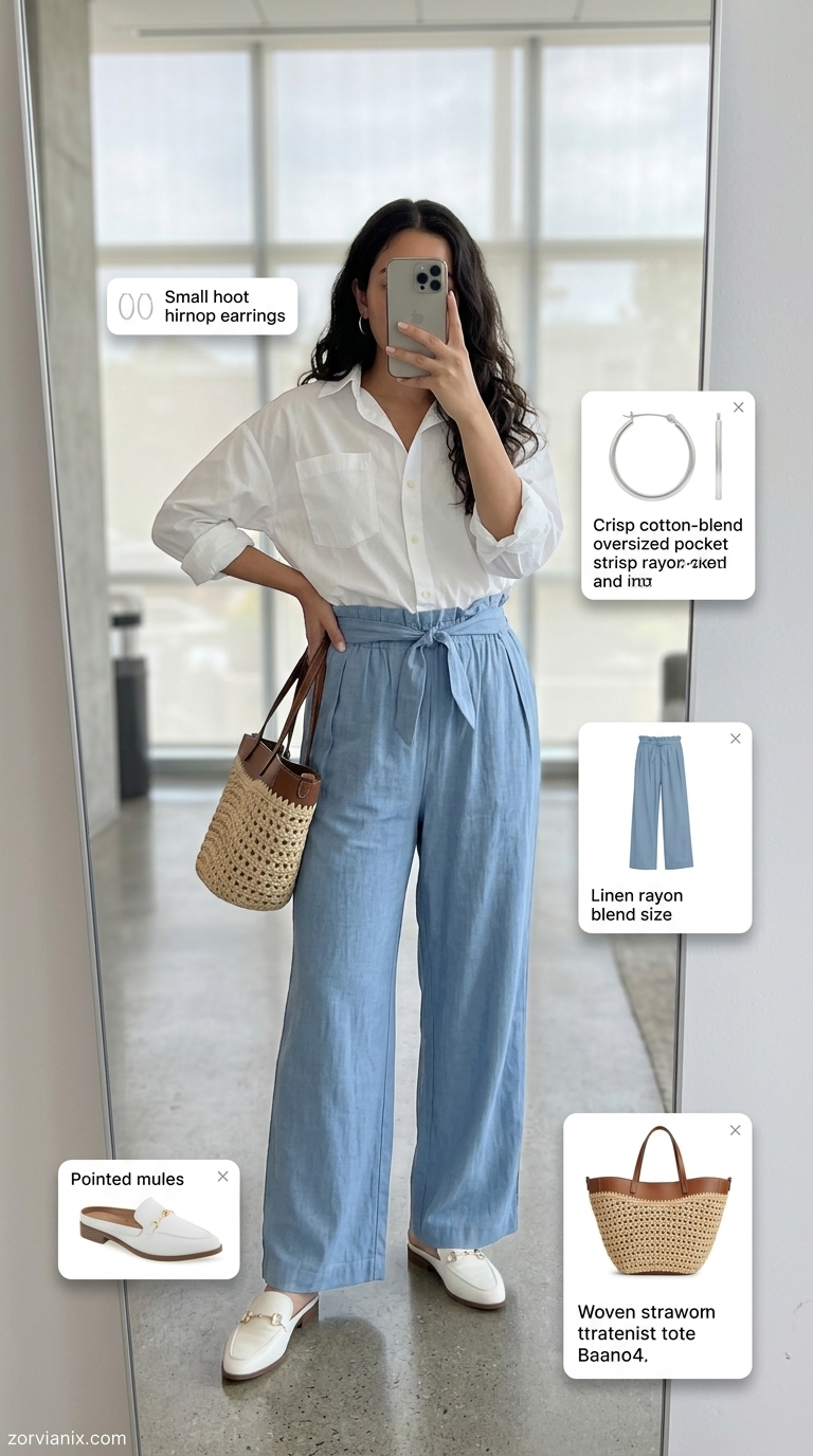 Summer Work Outfits For The Office For Women 2026 Light blue linen pants and oversized white shirt for summer work outfits for the office for women 2026.