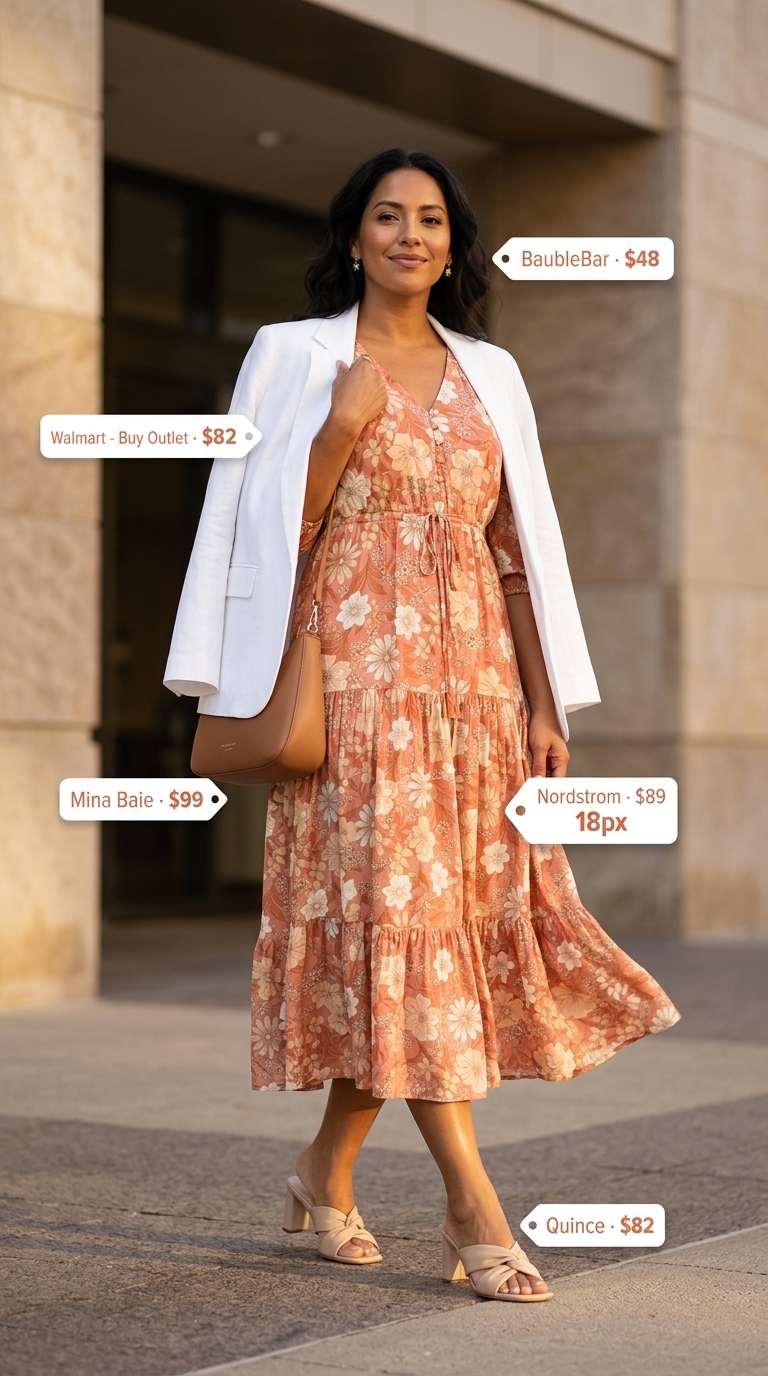 Coral A-line dress and white linen blazer for summer work outfits for the office for women 2026.