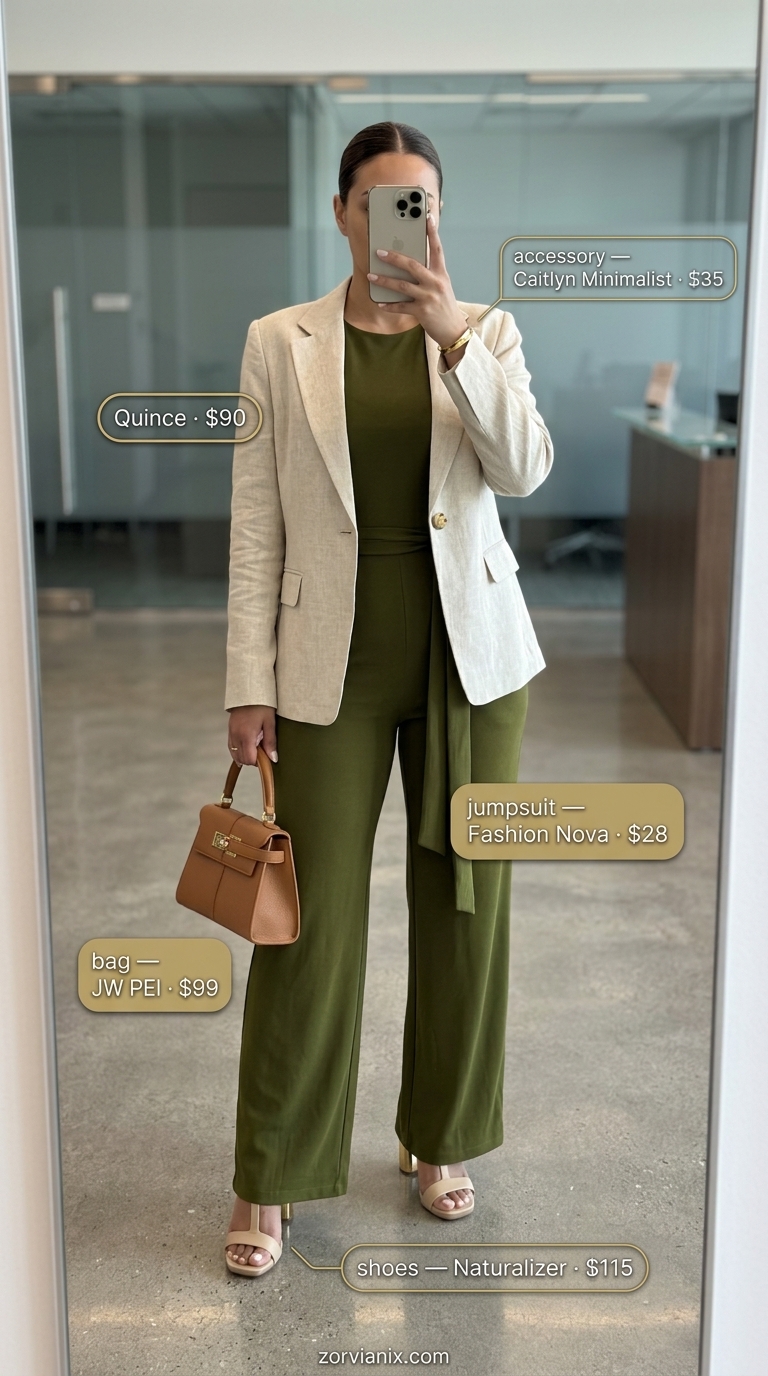 Summer Work Outfits For The Office For Women 2026 Olive green jumpsuit and off-white linen blazer for summer work outfits for the office for women 2026.