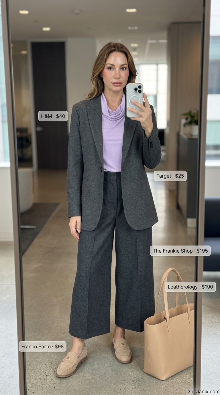 Summer Work Outfits For The Office For Women 2026 Charcoal grey culottes and lavender blouse for summer work outfits for the office for women 2026.