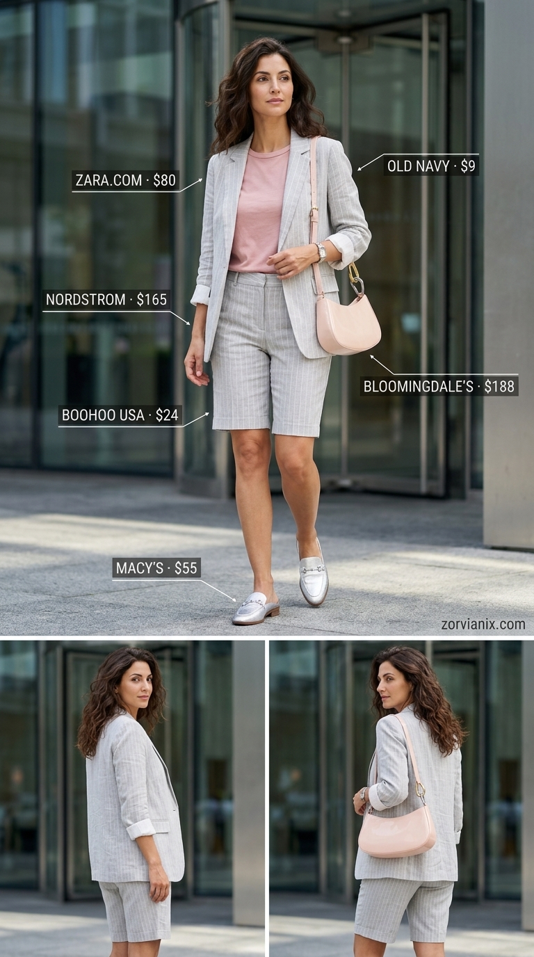 Summer Work Outfits For The Office For Women 2026 Light grey Bermuda shorts and blush pink top for summer work outfits for the office for women 2026.