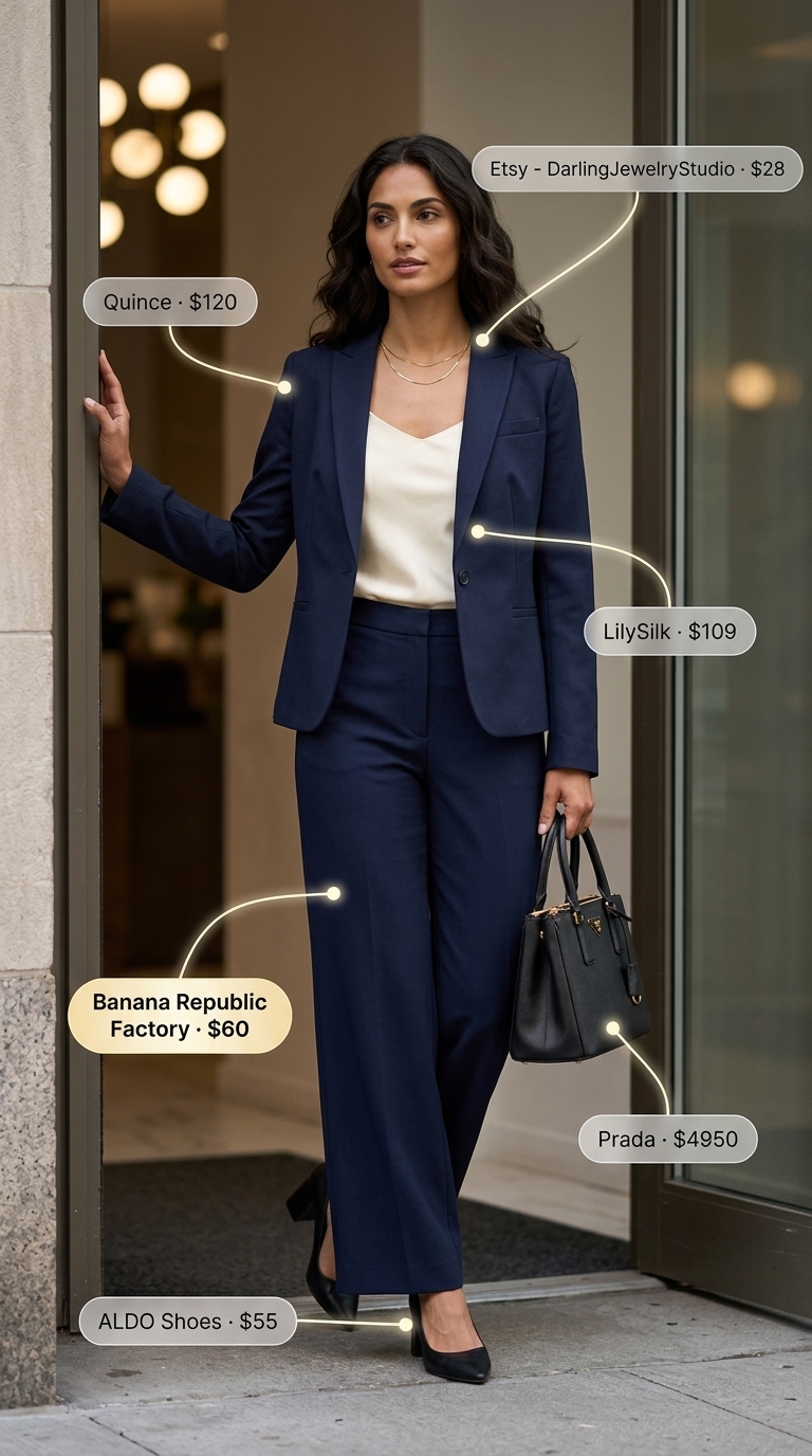 Summer Work Outfits For The Office For Women 2026 Navy wide-leg trousers and cream silk cami for summer work outfits for the office for women 2026.