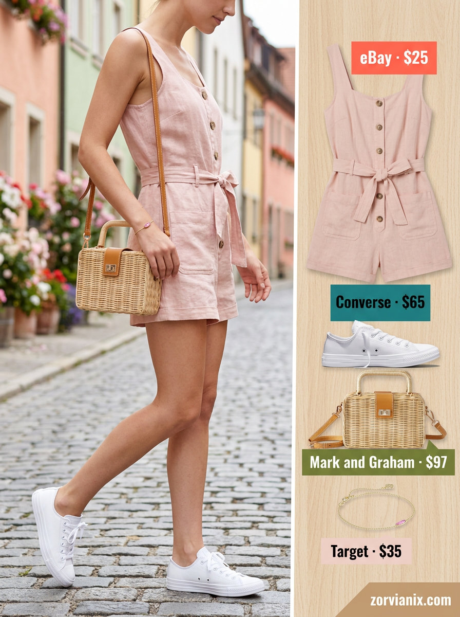 Trendy ideas for summer wardrobe 2026 women: Blush pink linen romper, white sneakers, woven bag for casual days.