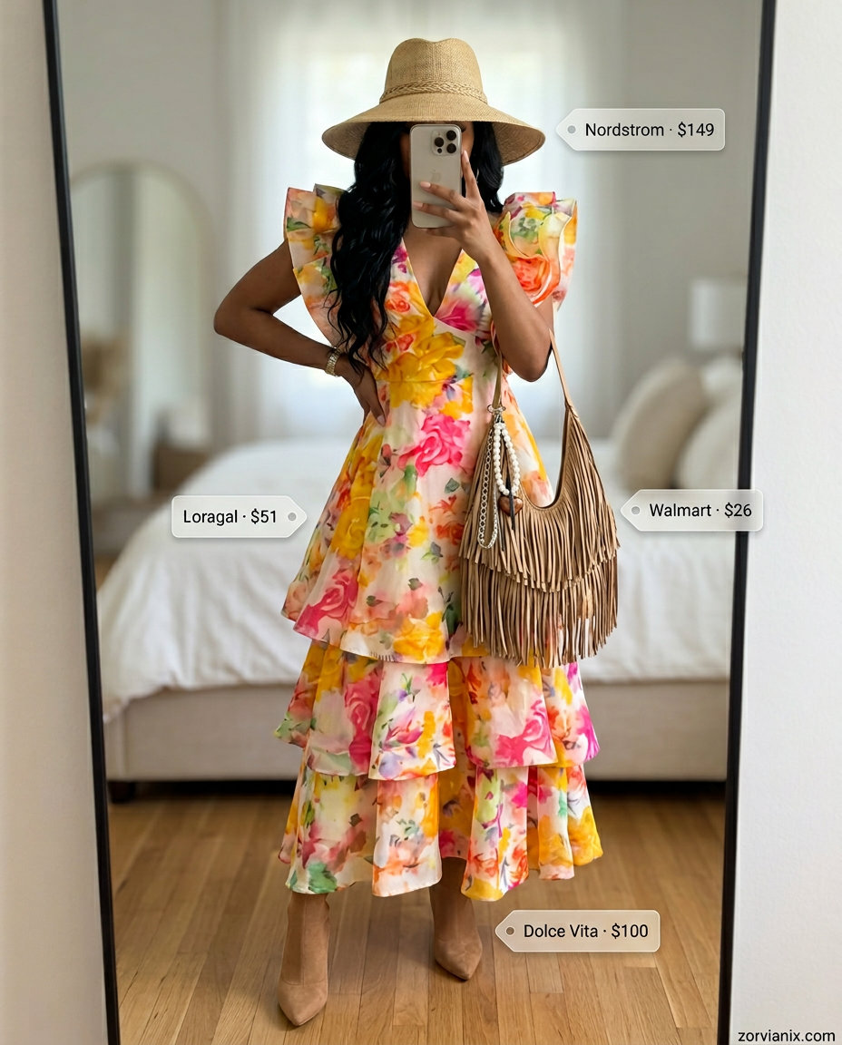 Boho floral maxi dress with straw hat and suede boots for trendy summer wardrobe 2026 women.