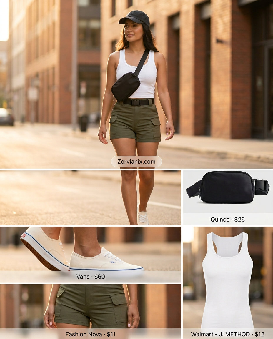 Olive green cargo shorts and white tank for trendy summer wardrobe 2026 women. Casual travel outfit.