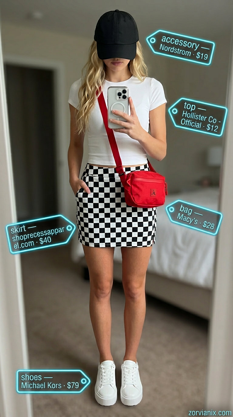 Black and white checkered mini skirt with white tee and chunky sneakers for trendy summer wardrobe 2026 women.