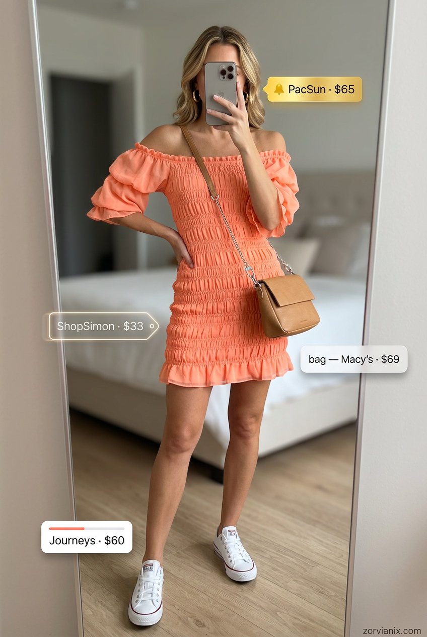 Coral mini sundress with white sneakers for trendy summer wardrobe 2026 women. Casual city look.