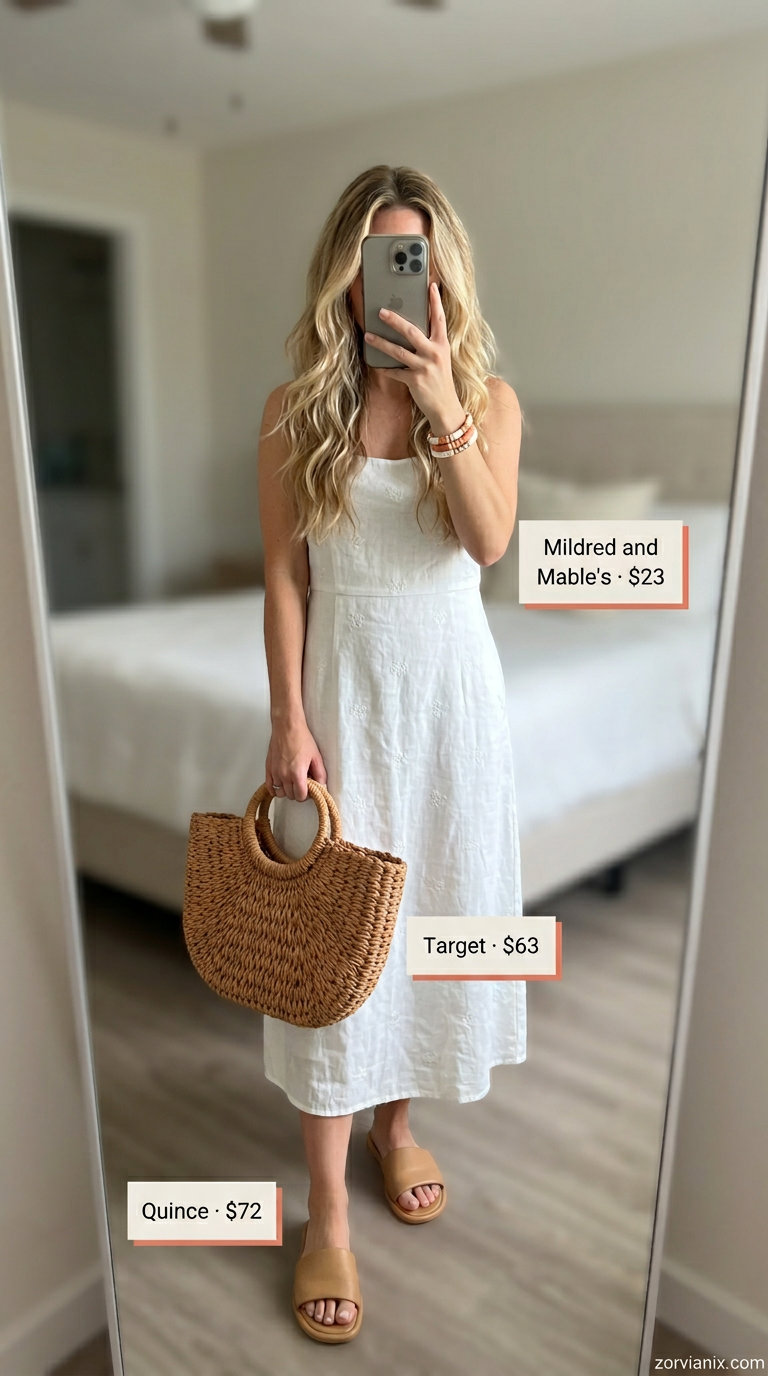 Cream crochet knit set with straw tote and leather slides for trendy summer wardrobe 2026 women.