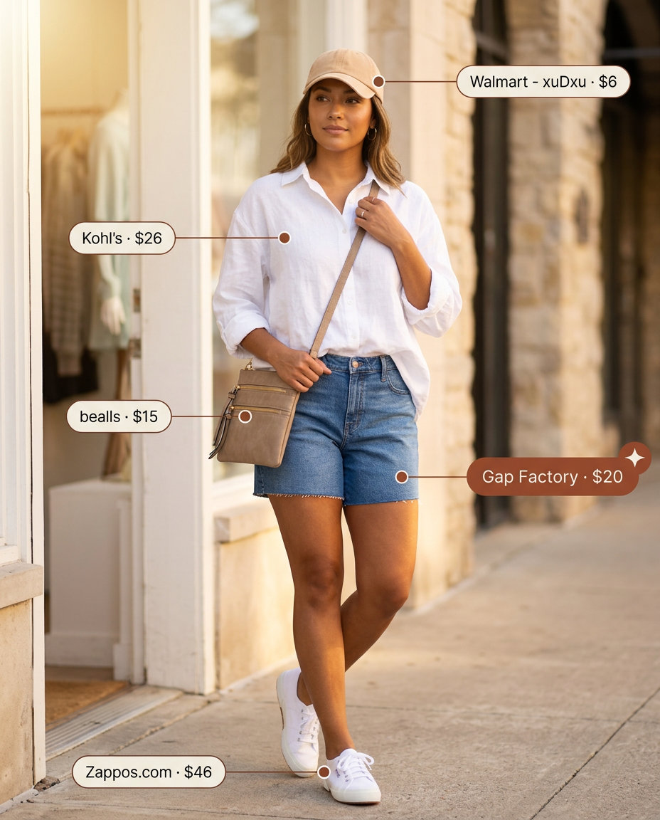 Denim shorts and oversized shirt for trendy summer wardrobe 2026 women. Casual weekend explorer outfit.