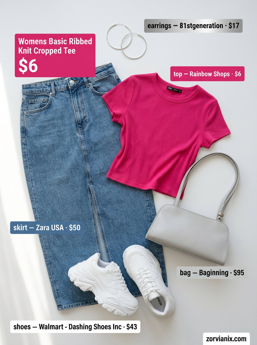 Trendy ideas for summer wardrobe 2026 women: Pink crop top, denim midi skirt, white sneakers for a casual day out.