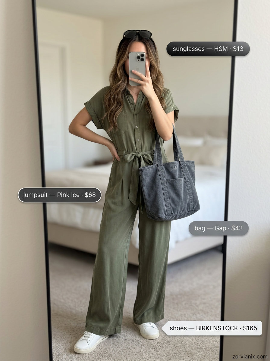 Olive green utility jumpsuit for trendy summer wardrobe 2026 women. Comfortable athleisure style.