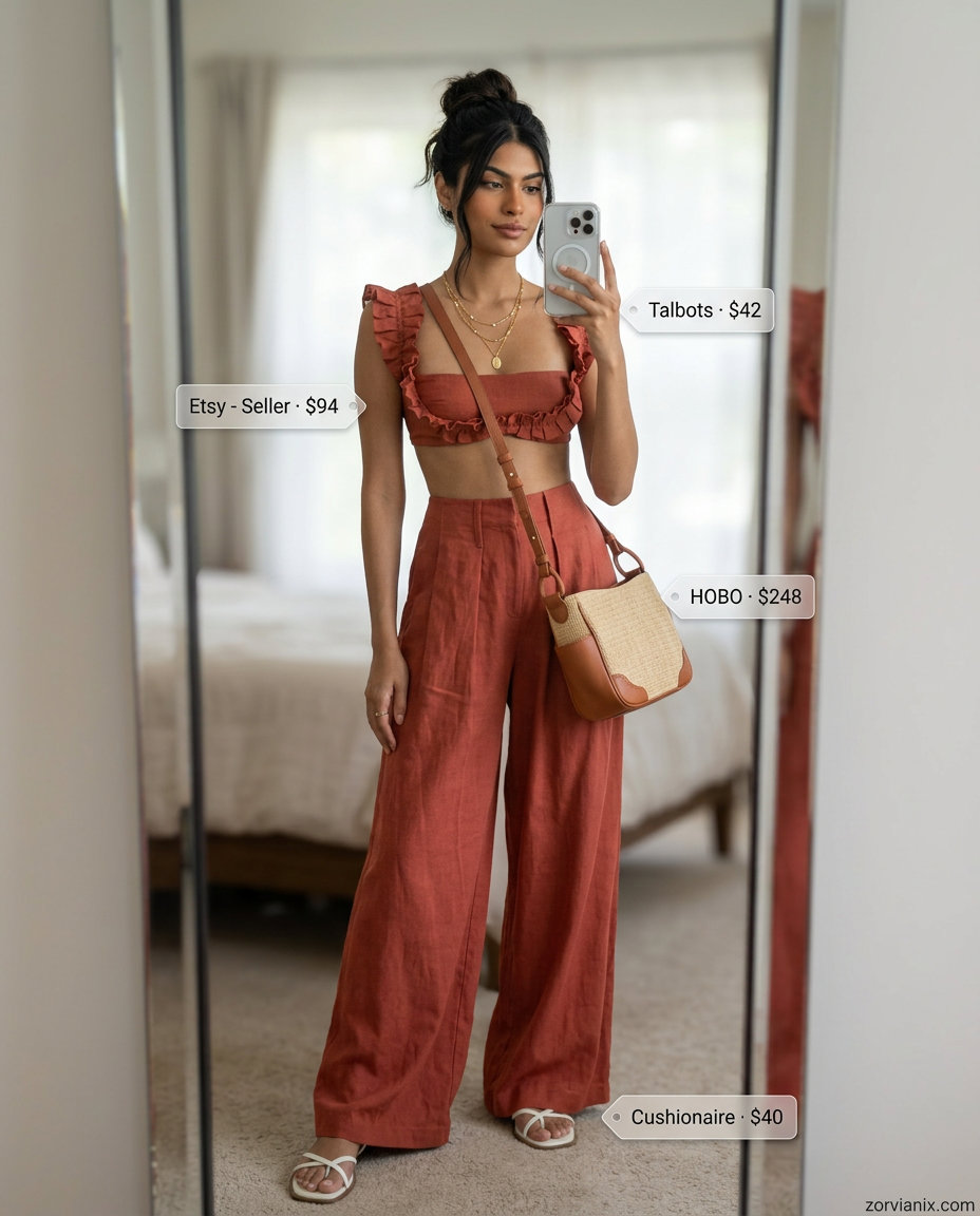 Terracotta linen set with gold necklaces and straw bag for trendy summer wardrobe 2026 women.