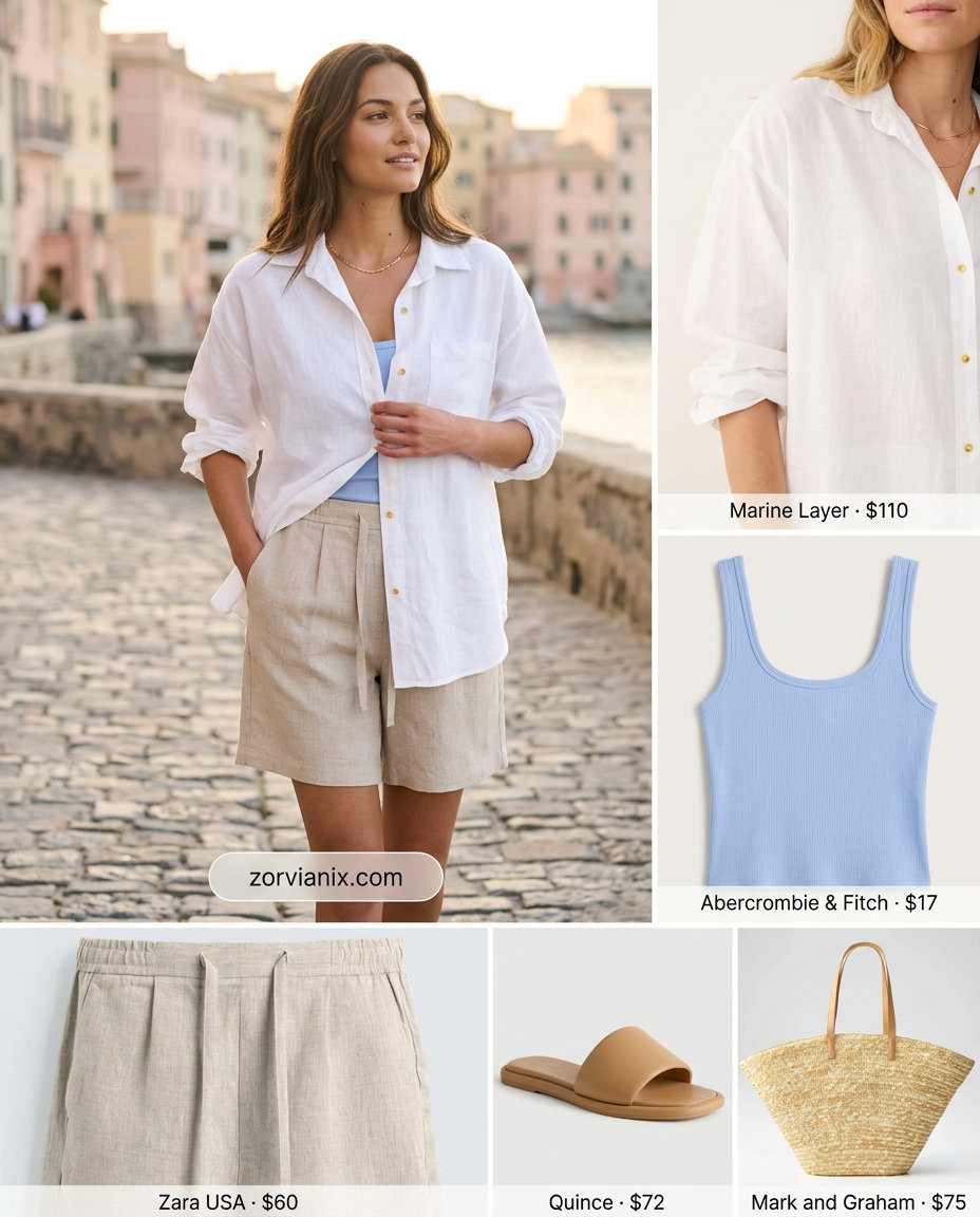 Linen shorts and oversized shirt with ribbed tank for trendy summer wardrobe 2026 women.
