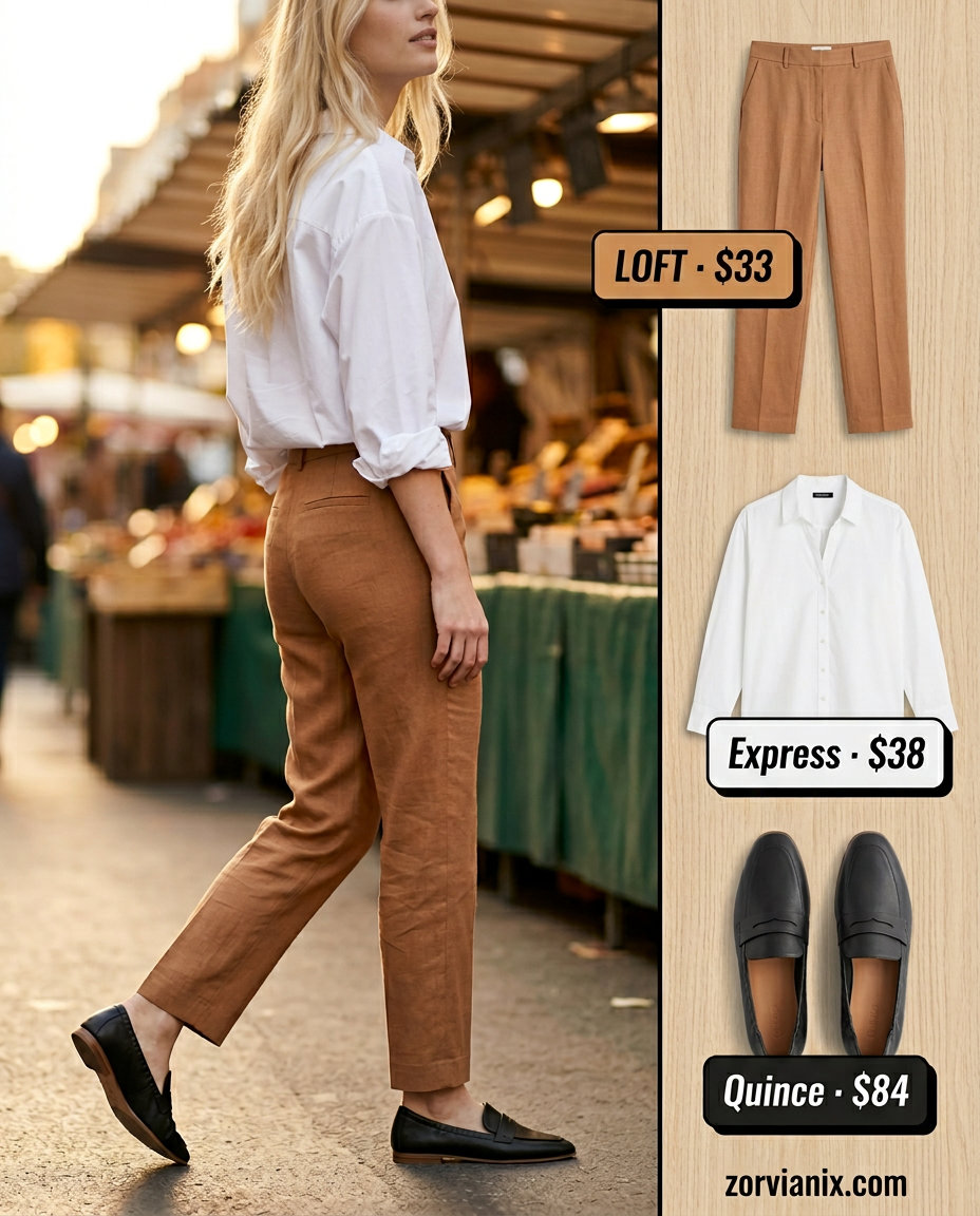Camel linen trousers and white shirt for trendy summer wardrobe 2026 women. Chic smart casual outfit.