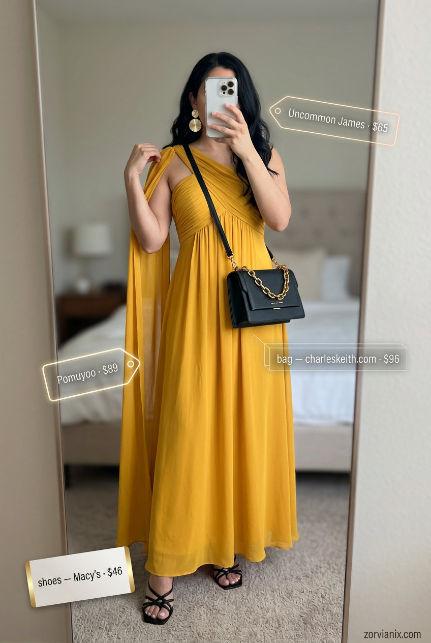 Trendy ideas for summer wardrobe 2026 women: Marigold maxi dress, black sandals, and gold earrings for evening events.