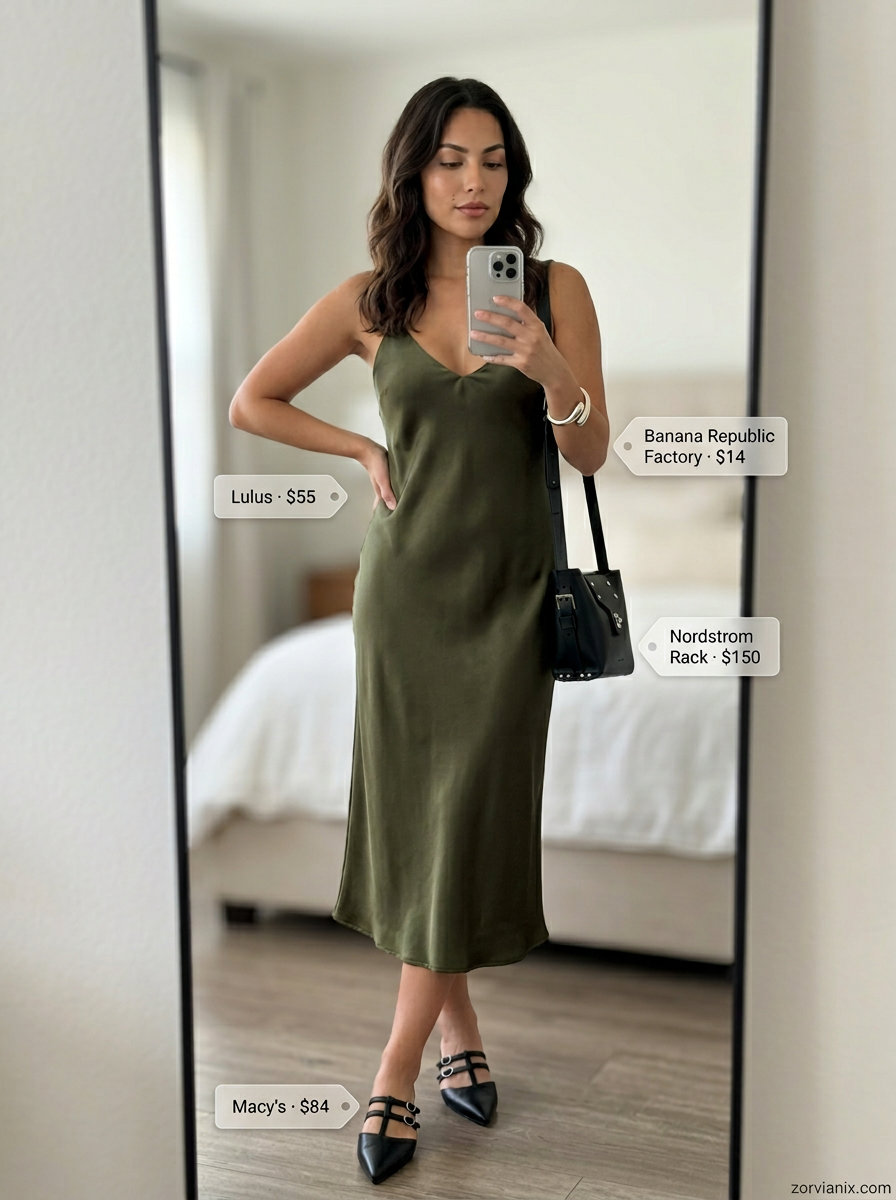 Olive green midi slip dress with silver jewelry for trendy summer wardrobe 2026 women. Chic city look.
