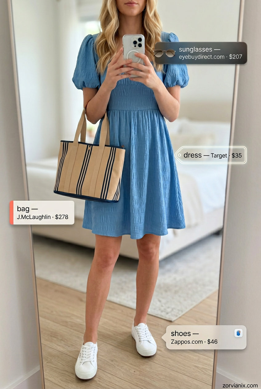Sky blue cotton mini dress with white sneakers and straw tote for trendy summer wardrobe 2026 women.