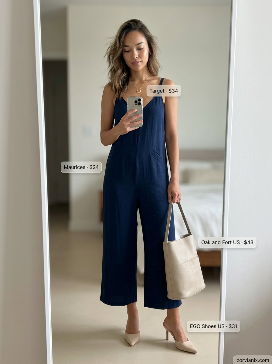 Trendy ideas for summer wardrobe 2026 women: Navy wide-leg jumpsuit, beige tote, and nude heeled mules for travel.