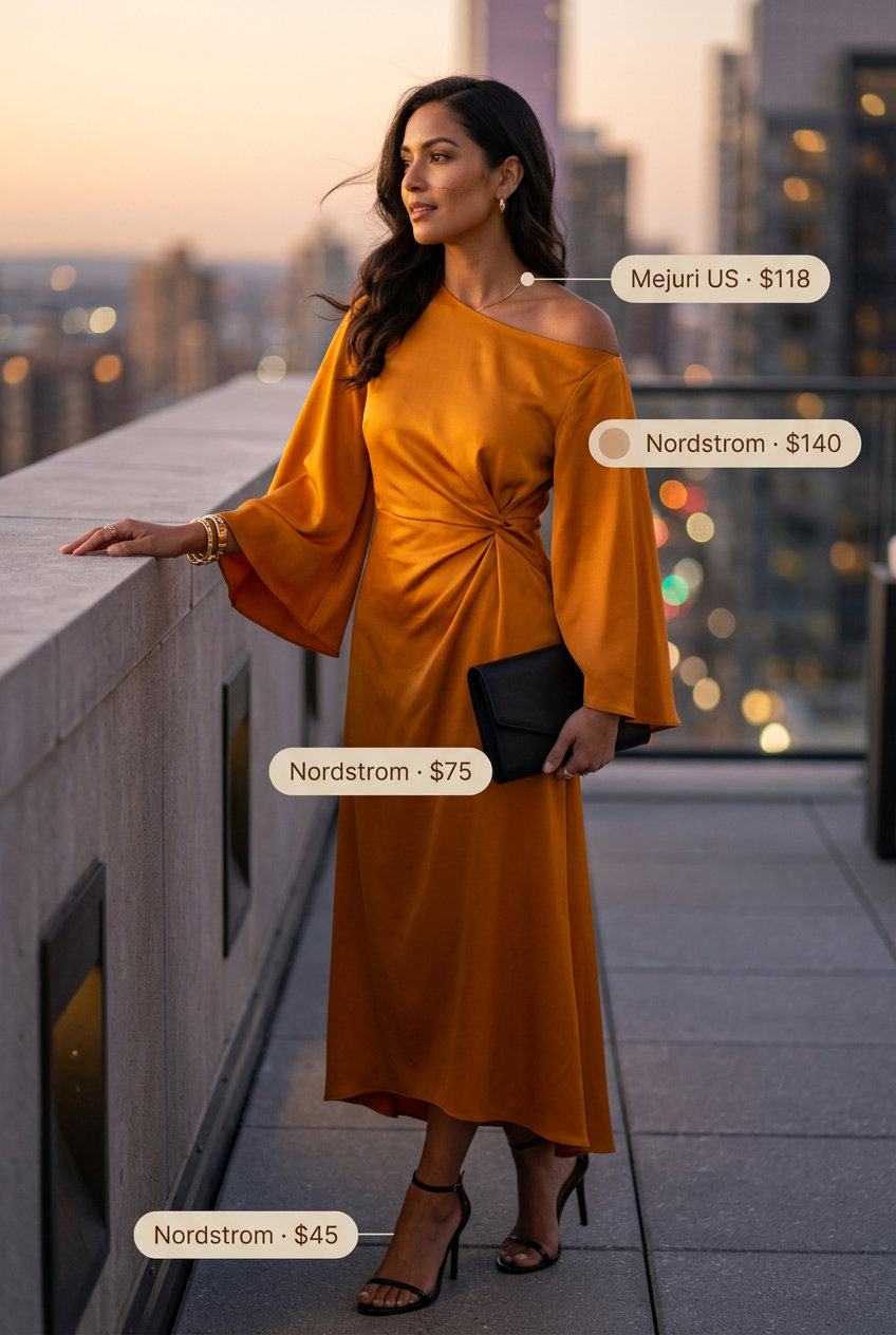 Mango orange midi wrap dress with gold accessories for trendy summer wardrobe 2026 women. Date night outfit.