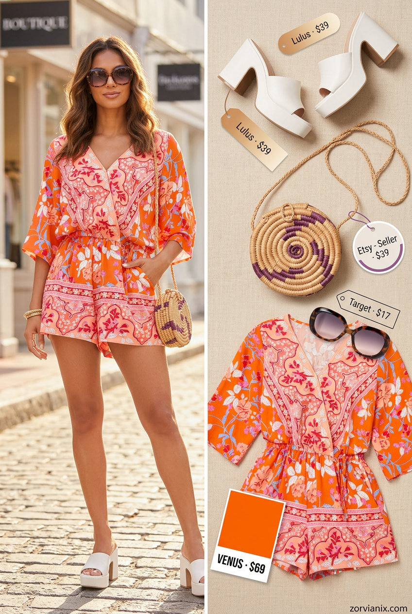 Orange floral romper with white platform sandals for trendy summer wardrobe 2026 women. Casual day out.