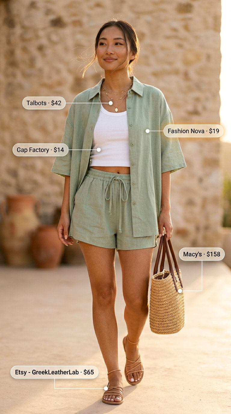 Trendy ideas for summer wardrobe 2026 women: Sage green linen set, cream tank, straw tote for resort wear.