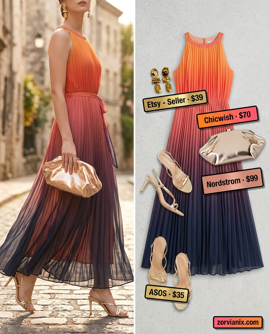 Sunset gradient maxi dress with gold accessories for trendy summer wardrobe 2026 women. Perfect for beachside dinner.