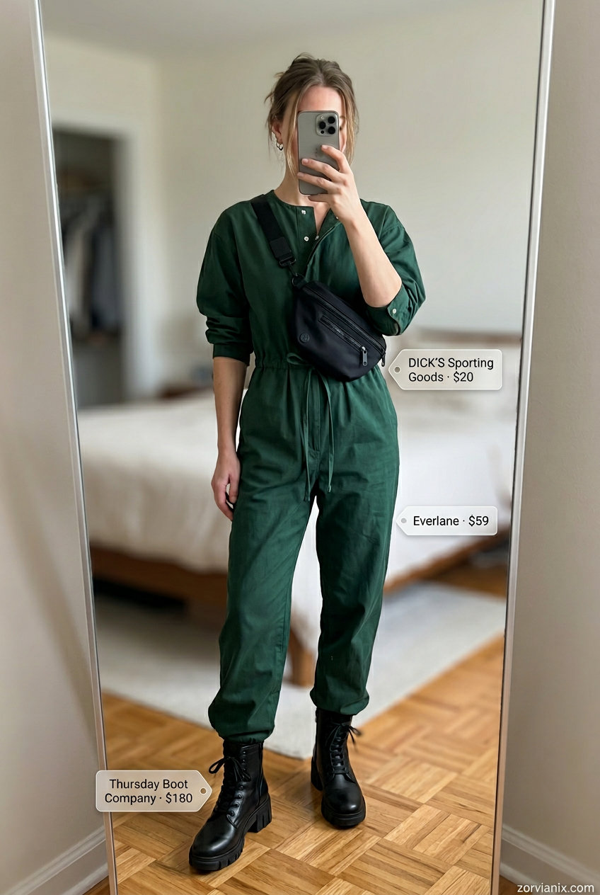 Forest green utility jumpsuit with black belt bag and ankle boots for trendy summer wardrobe 2026 women.