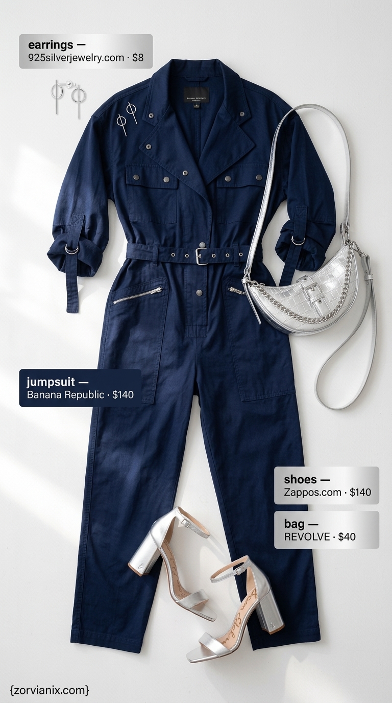 Art Gallery Chic: Trendy Summer Outfits for Black Woman 2026 Trendy summer outfits for black woman 2026: Navy utility jumpsuit, silver sandals & bag for art gallery opening.