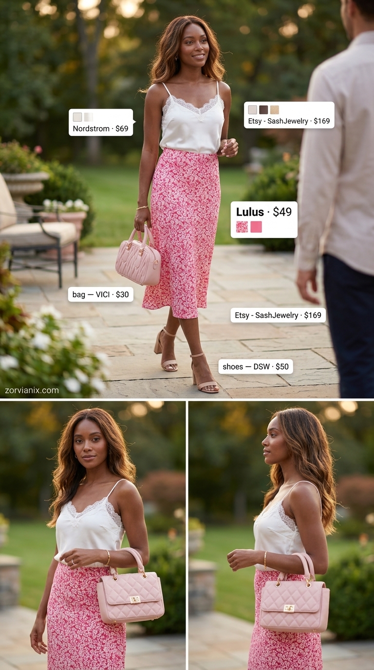 Garden Party Chic: Trendy Summer Outfits for Black Woman 2026 Trendy summer outfits for black woman 2026: Pink floral midi skirt, white cami, nude block heels for garden party.