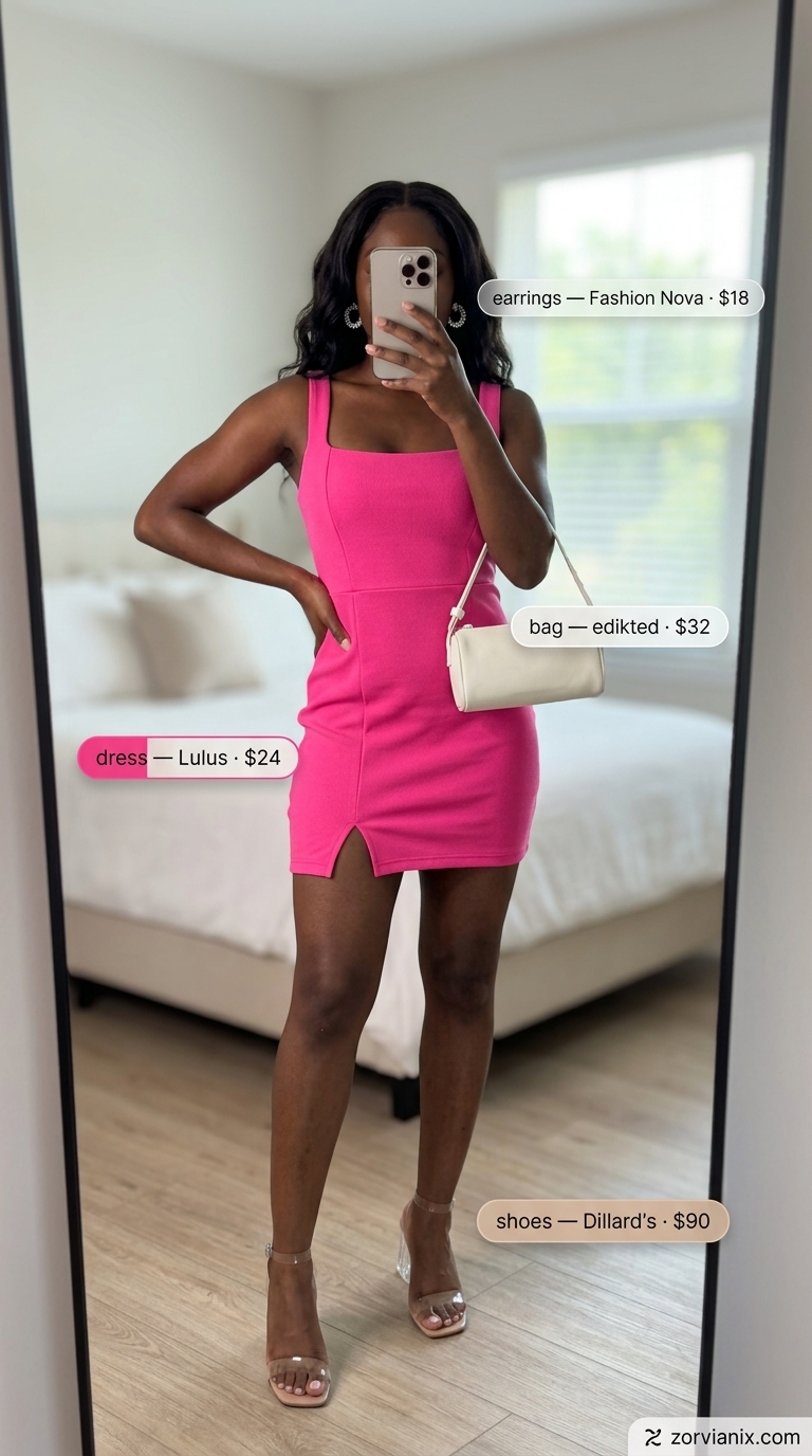 Bold Night Out: Trendy Summer Outfits for Black Woman 2026 Trendy summer outfits for black woman 2026: Hot pink bodycon dress, clear heels, nude bag for night out.