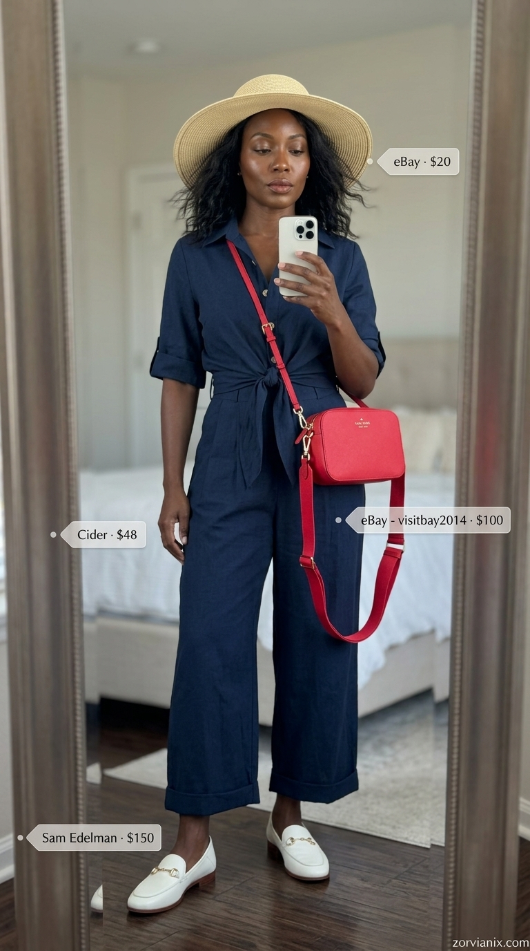 Smart Brunch Style: Trendy Summer Outfits for Black Woman 2026 Trendy summer outfits for black woman 2026: Navy linen romper, white loafers, red crossbody for smart brunch.