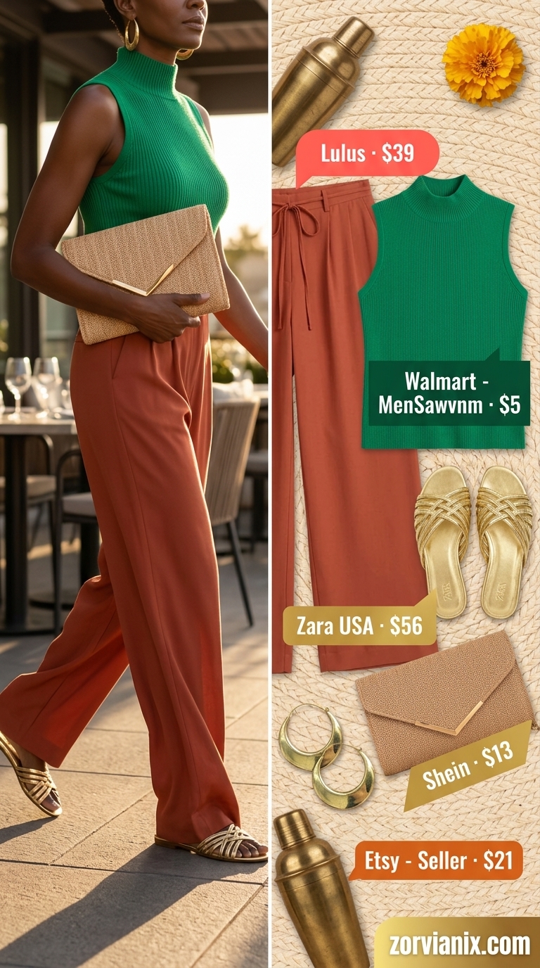 Resort Glam: Trendy Summer Outfits for Black Woman 2026 Trendy summer outfits for black woman 2026: Terracotta linen pants, emerald knit top, gold sandals for resort dinner.