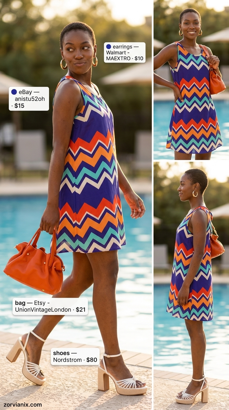 Retro Poolside Glam: Trendy Summer Outfits for Black Woman 2026 Trendy summer outfits for black woman 2026: Azure blue mini dress, platform sandals, orange bag for pool party.